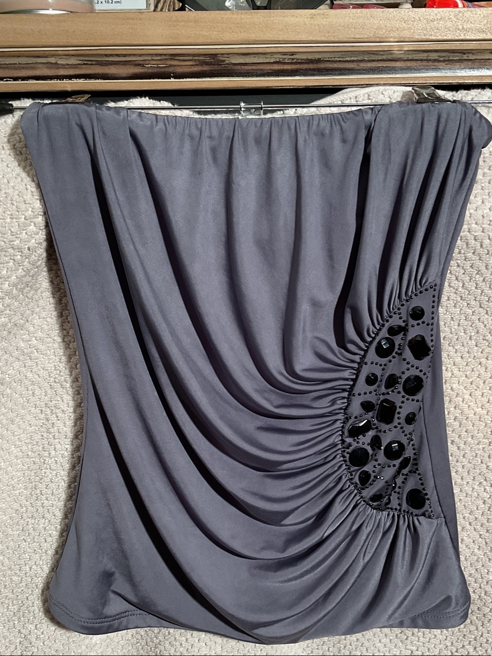 Strapless Gray Ruched Top with Beaded Accent
